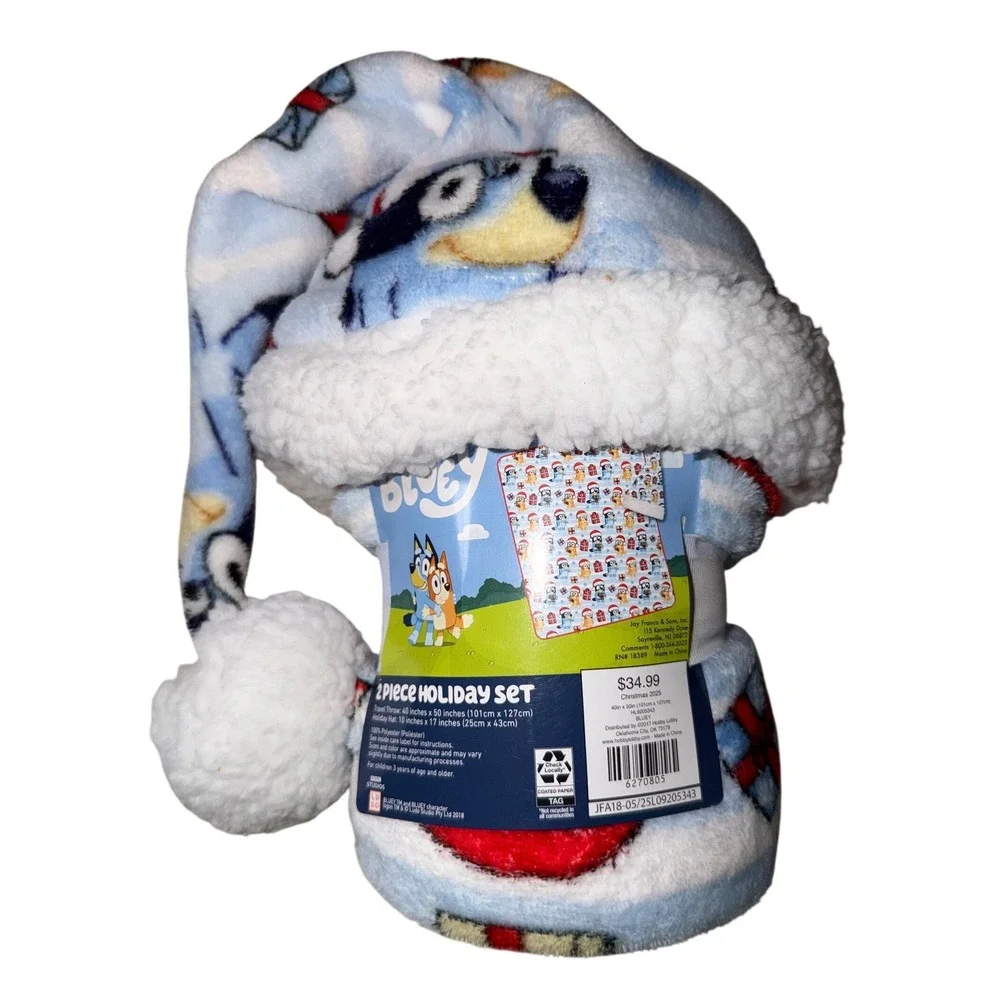Bluey 2 Piece Holiday Set Travel Throw Blanket and Santa Hat Christmas New